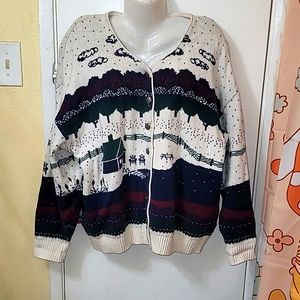 Vintage cardigan scenic barn clouds knit button down v neck (B11)